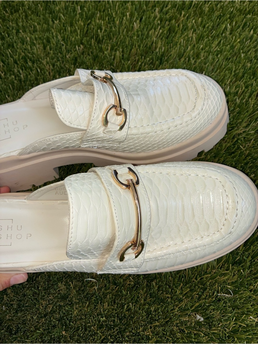 ShuShop Cream Textured Loafer Mules with Gold Bit